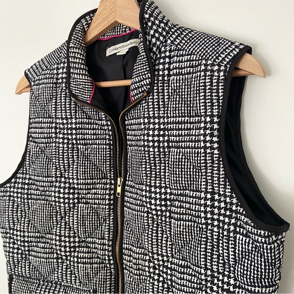 CATHERINE MALANDRINO BLACK/WHITE MONOCROME PLAID QUILTED VEST WITH GOLD DETAILS - Picture 8 of 13